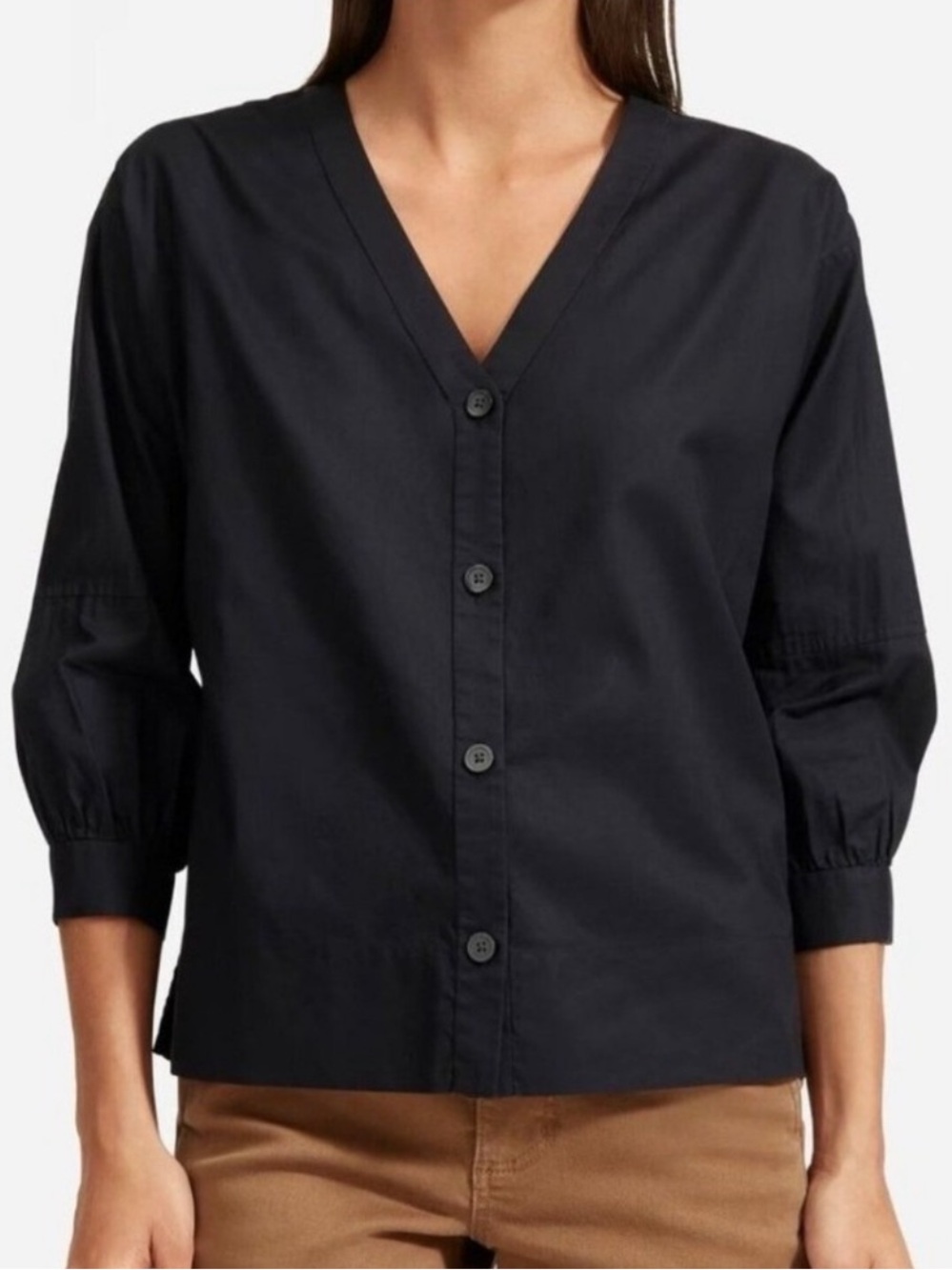 Everlane Lantern Sleeve V Neck Blouse Black Size 4 Minimalist Capsule